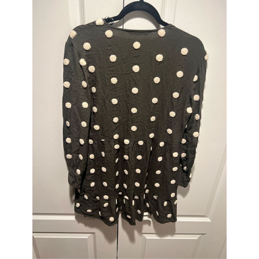 Zara Long Sleeve Baby Doll Mini Dress In olive Green And White Polka Dot Size M - Picture 6 of 7